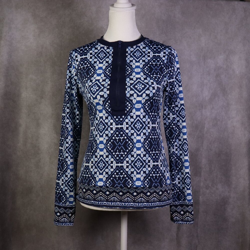 Tommy Bahama Rash Guard Top Womens XS Blue Indigo Cowrie Long Sleeve 1/4 Zip